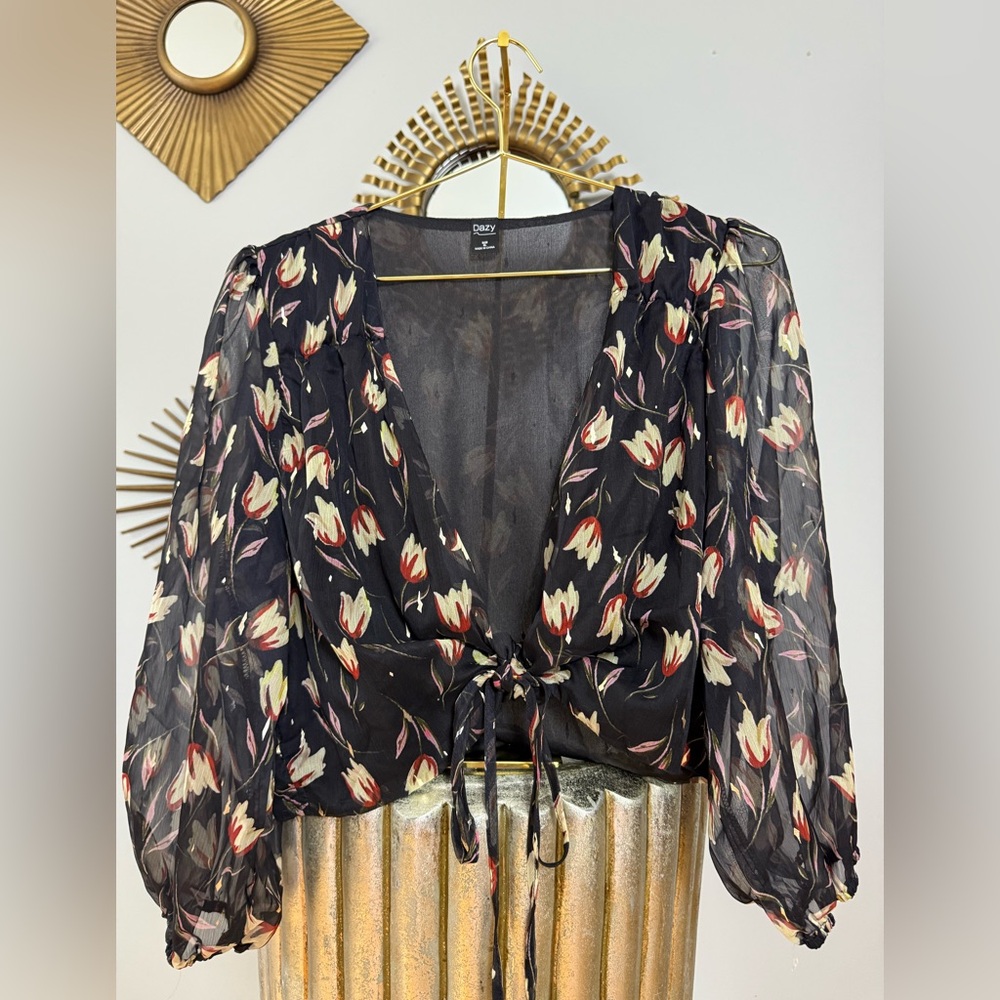 Dazy - Black Floral Sheer Blouse
